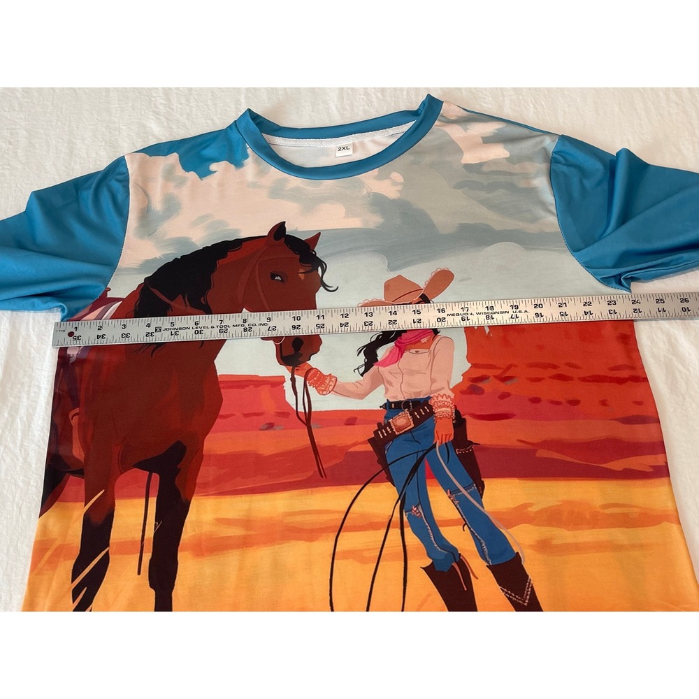 00677 Womens 2XL GraphicTShirt 3/4 Sleeve Cowgirl Horse Western Desert Landscape - Picture 5 of 7